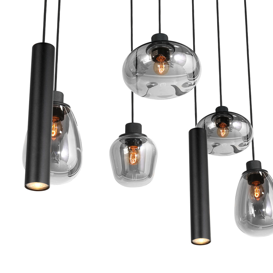 Reflexion 3796ZW hanglamp, zwart, 9-lichts met rookglas
