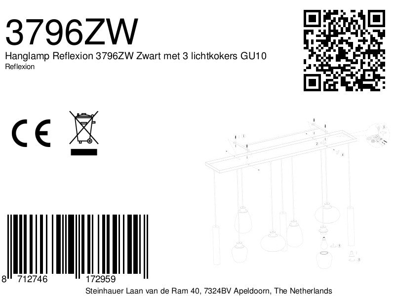 Reflexion 3796ZW hanglamp, zwart, 9-lichts met rookglas