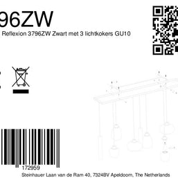 Reflexion 3796ZW hanglamp, zwart, 9-lichts met rookglas