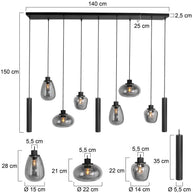 Reflexion 3796ZW hanglamp, zwart, 9-lichts met rookglas