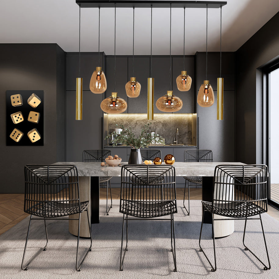 Hanglamp Reflexion 3797ME messing 9-lichts met amberkleurig glas