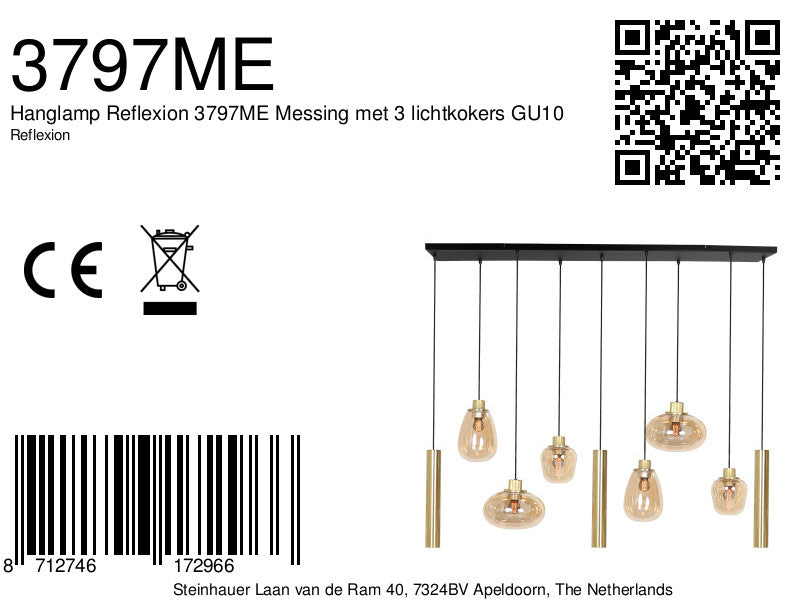 Hanglamp Reflexion 3797ME messing 9-lichts met amberkleurig glas