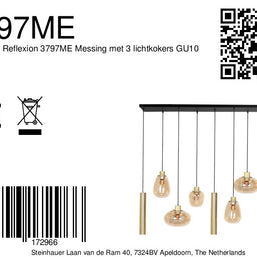 Hanglamp Reflexion 3797ME messing 9-lichts met amberkleurig glas
