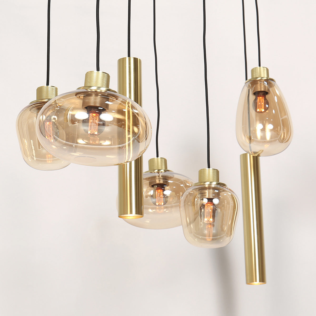 Hanglamp Reflexion 3797ME messing 9-lichts met amberkleurig glas