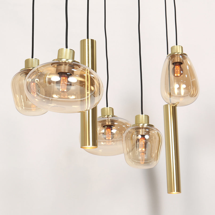 Hanglamp Reflexion 3797ME messing 9-lichts met amberkleurig glas