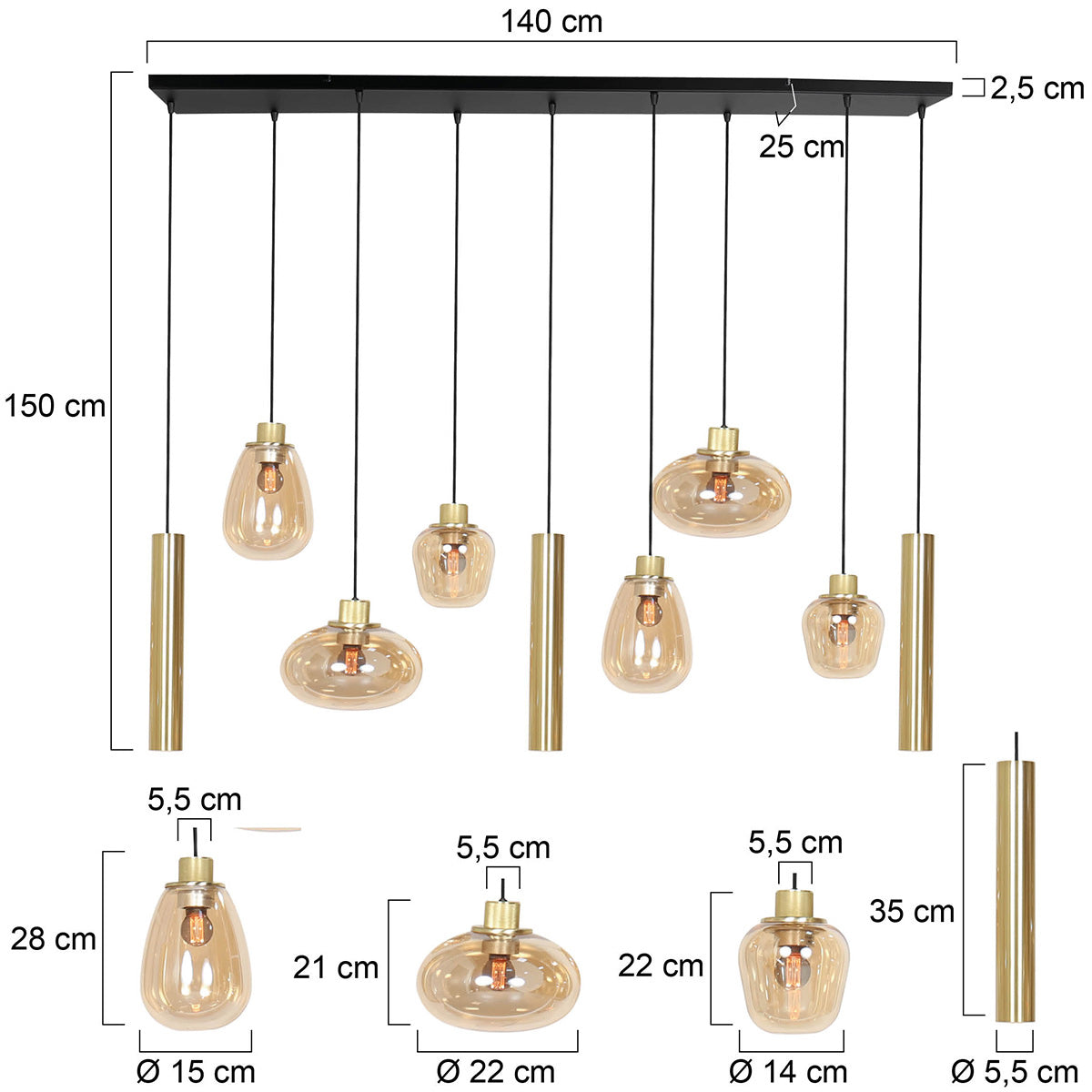 Hanglamp Reflexion 3797ME messing 9-lichts met amberkleurig glas