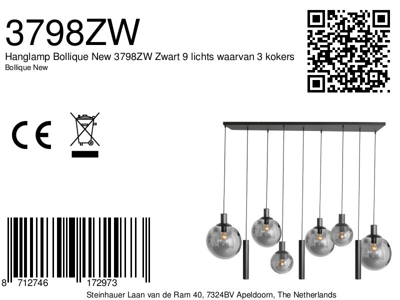 Hanglamp Bollique 3798ZW zwarte 9-lichts lamp met smokeglas