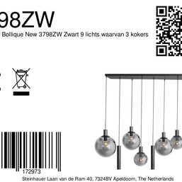 Hanglamp Bollique 3798ZW zwarte 9-lichts lamp met smokeglas