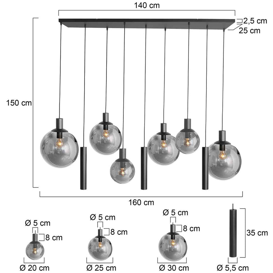 Hanglamp Bollique 3798ZW zwarte 9-lichts lamp met smokeglas
