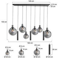 Hanglamp Bollique 3798ZW zwarte 9-lichts lamp met smokeglas