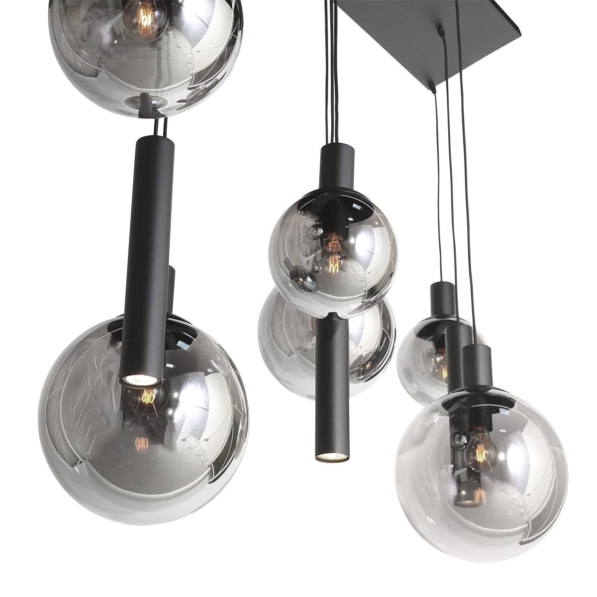 Hanglamp Bollique 3798ZW zwarte 9-lichts lamp met smokeglas
