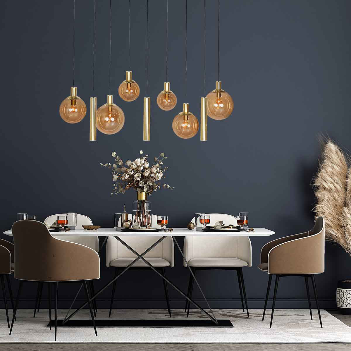 Hanglamp Bollique 3799ME messing 9-lichts met amberkleurig glas