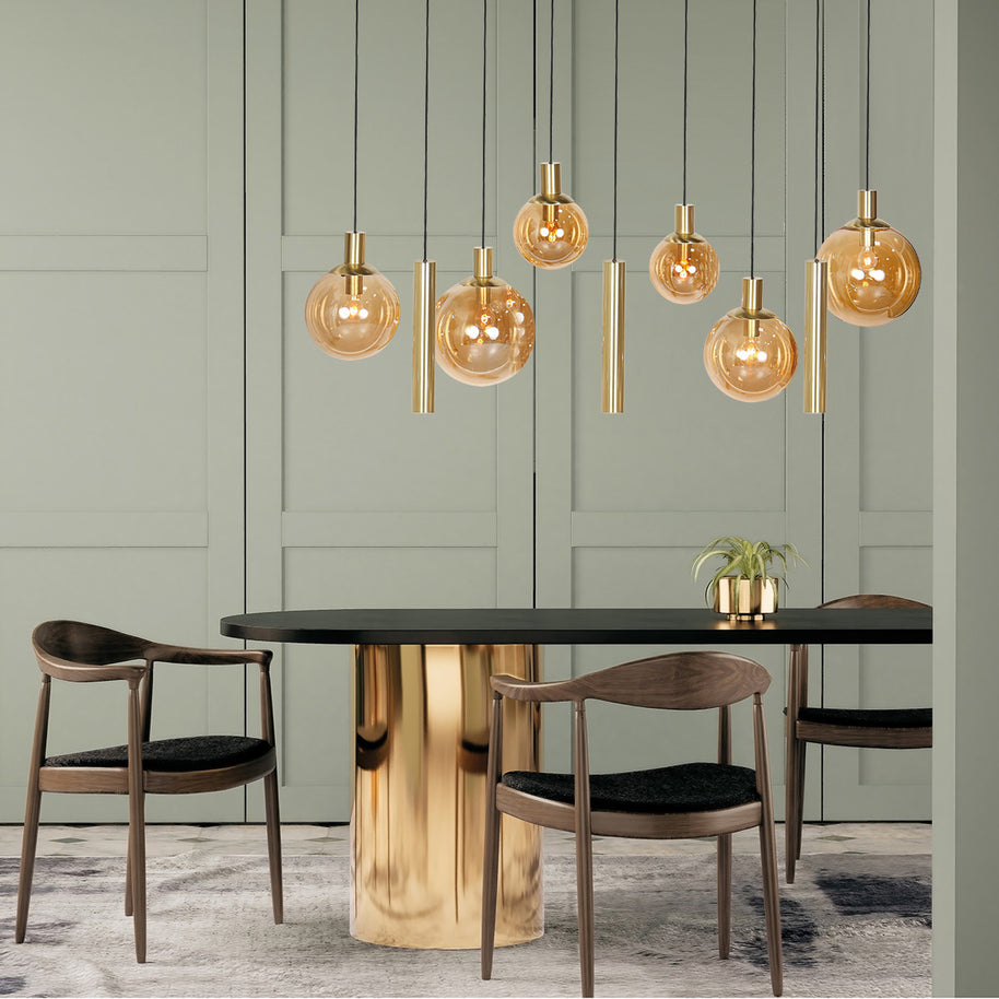 Hanglamp Bollique 3799ME messing 9-lichts met amberkleurig glas