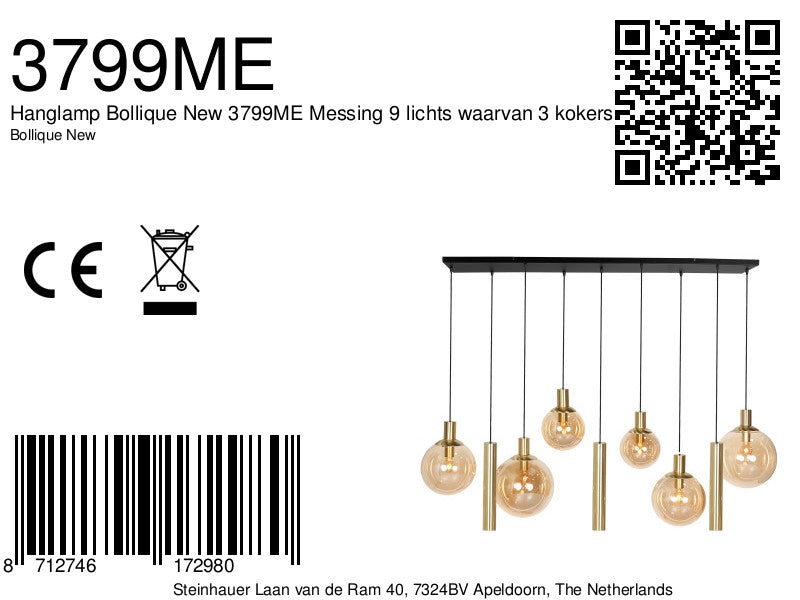 Hanglamp Bollique 3799ME messing 9-lichts met amberkleurig glas