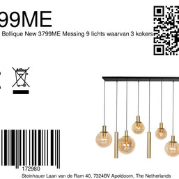 Hanglamp Bollique 3799ME messing 9-lichts met amberkleurig glas