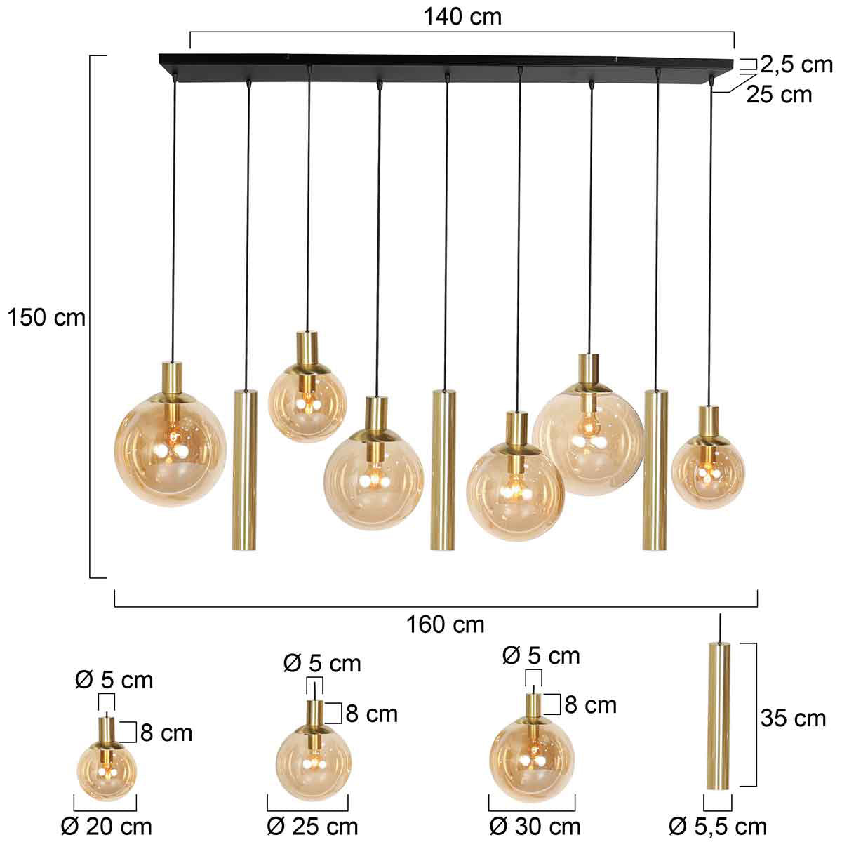 Hanglamp Bollique 3799ME messing 9-lichts met amberkleurig glas