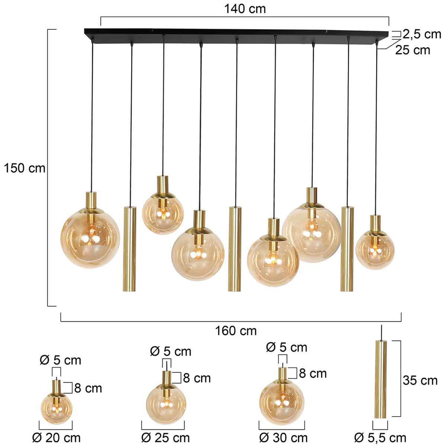Hanglamp Bollique 3799ME messing 9-lichts met amberkleurig glas