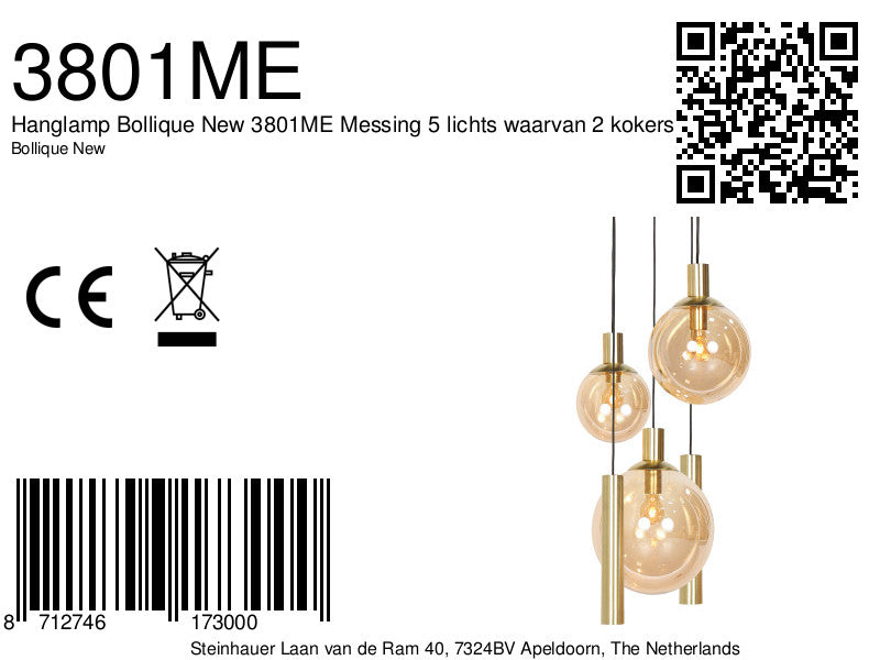 Hanglamp Bollique 3801ME, messing, 5-lichts met amberglas