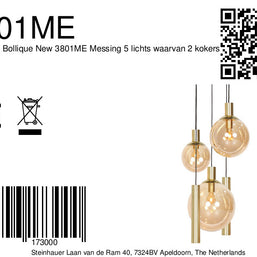 Hanglamp Bollique 3801ME, messing, 5-lichts met amberglas