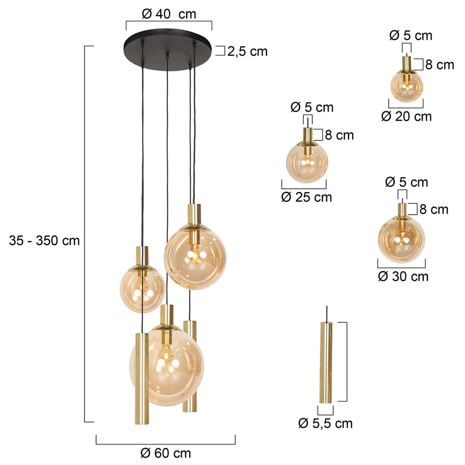 Hanglamp Bollique 3801ME, messing, 5-lichts met amberglas