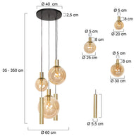 Hanglamp Bollique 3801ME, messing, 5-lichts met amberglas
