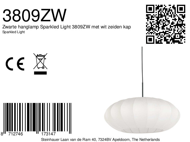 Hanglamp Luma Nola 3809ZW zwart met witte zijden kap