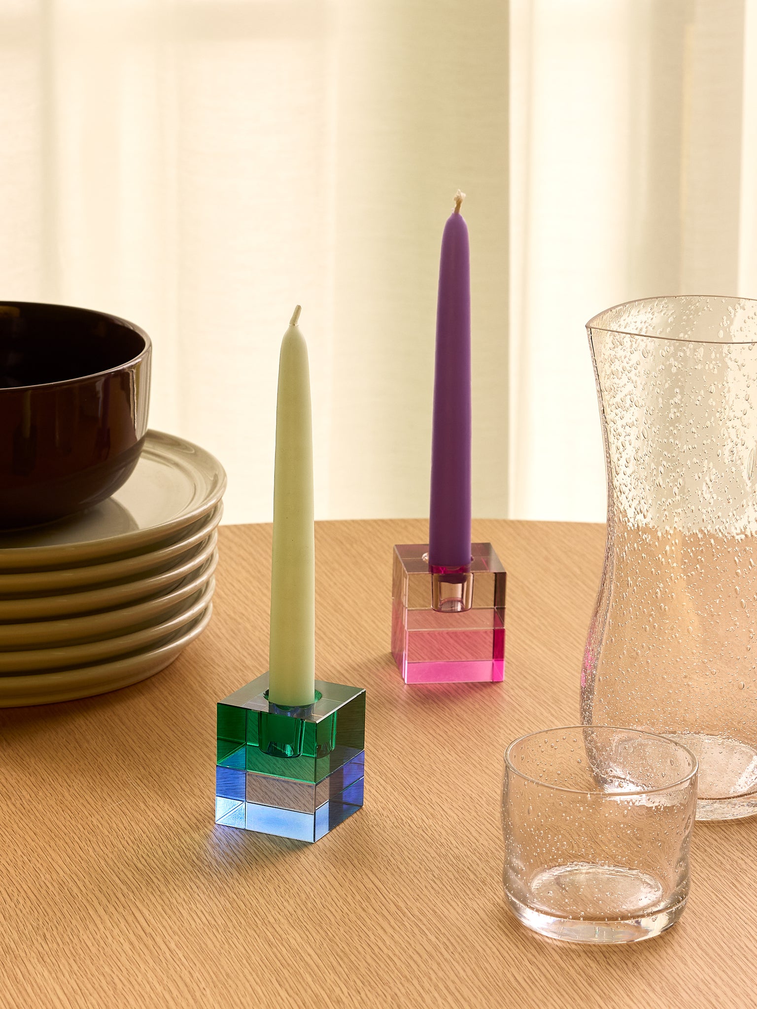 Blokkaarsenhouders bruin/groen en grijs/roze (set van 2)