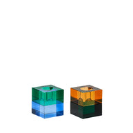 Blokvormige kandelaars groen/blauw & oranje/groen (set van 2)