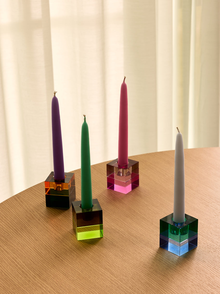 Blokvormige kandelaars groen/blauw & oranje/groen (set van 2)