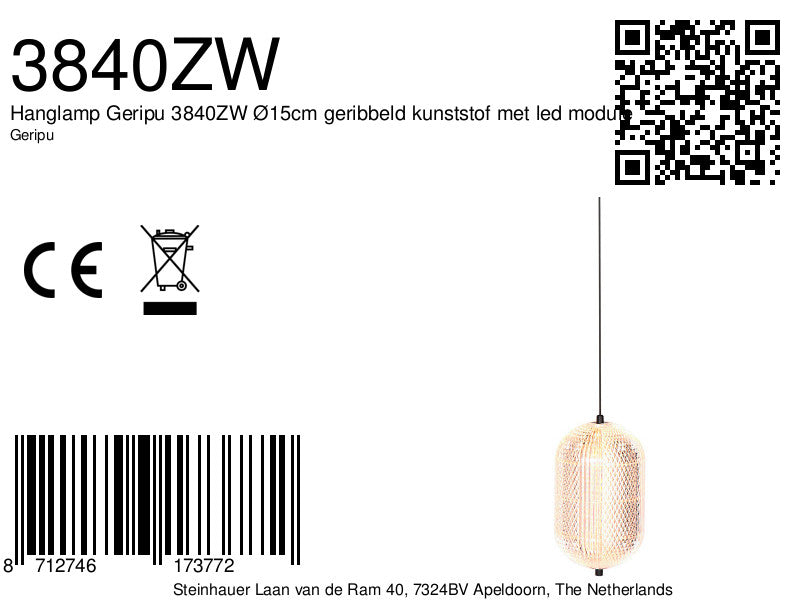 Hanglamp Geripu 3840ZW Ø15 cm geribbeld kunststof met LED-module