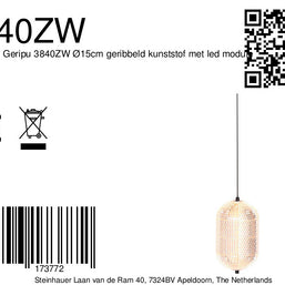 Hanglamp Geripu 3840ZW Ø15 cm geribbeld kunststof met LED-module