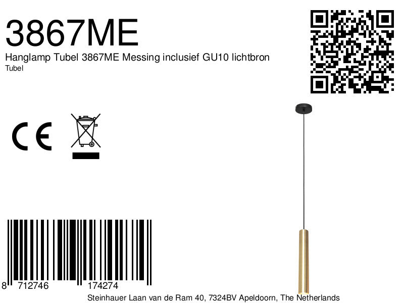Hanglamp Tubel 3867ME messing pendellamp met warm dimbaar licht
