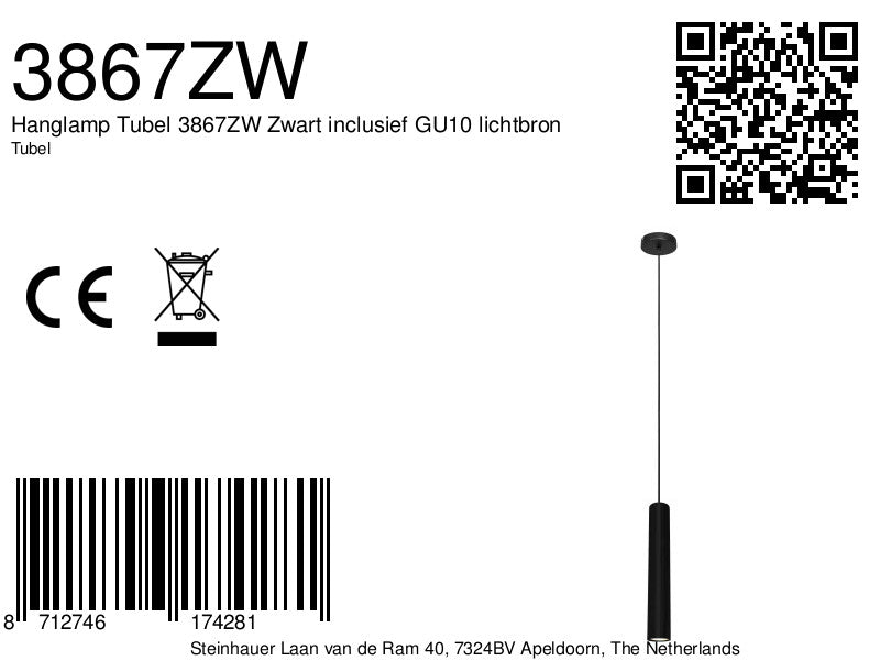 Hanglamp Tubel 3867ZW zwarte pendellamp met warm dimbaar licht