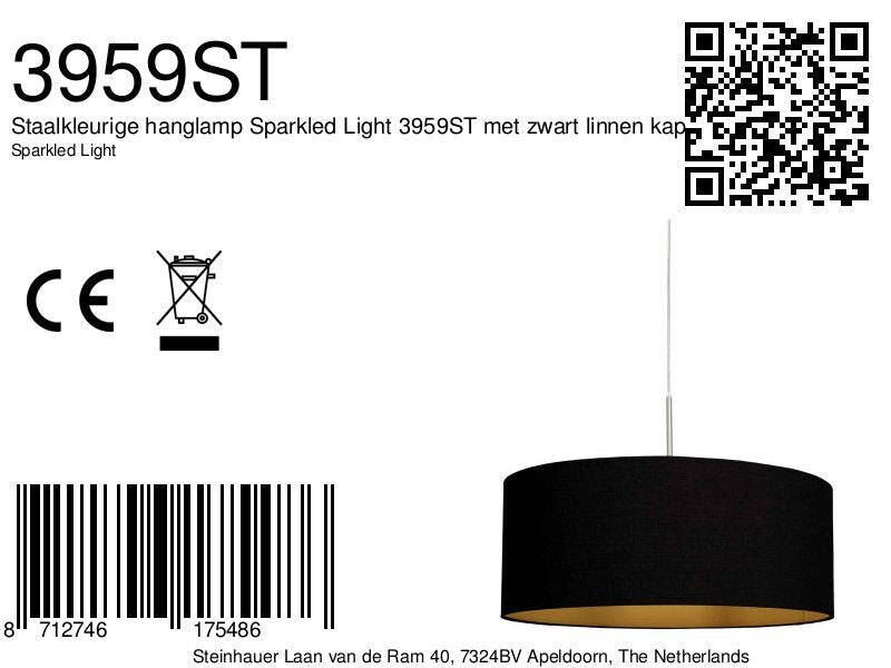 Hanglamp Sparkled Light 3959ST staal met zwarte linnen kap goud