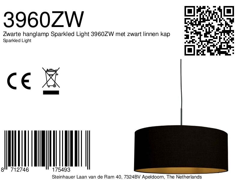 Hanglamp Sparkled Light 3960ZW, zwart met zwarte linnen kap en gouden accenten