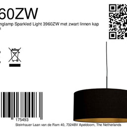 Hanglamp Sparkled Light 3960ZW, zwart met zwarte linnen kap en gouden accenten