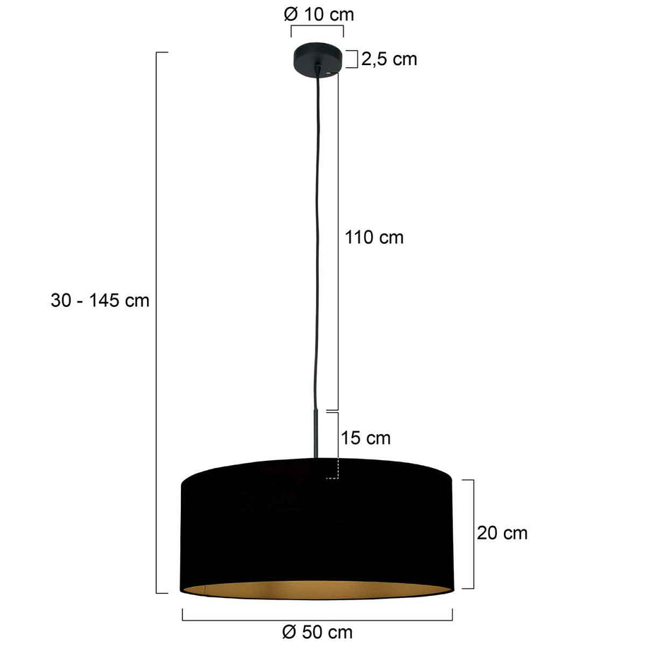 Hanglamp Sparkled Light 3960ZW, zwart met zwarte linnen kap en gouden accenten