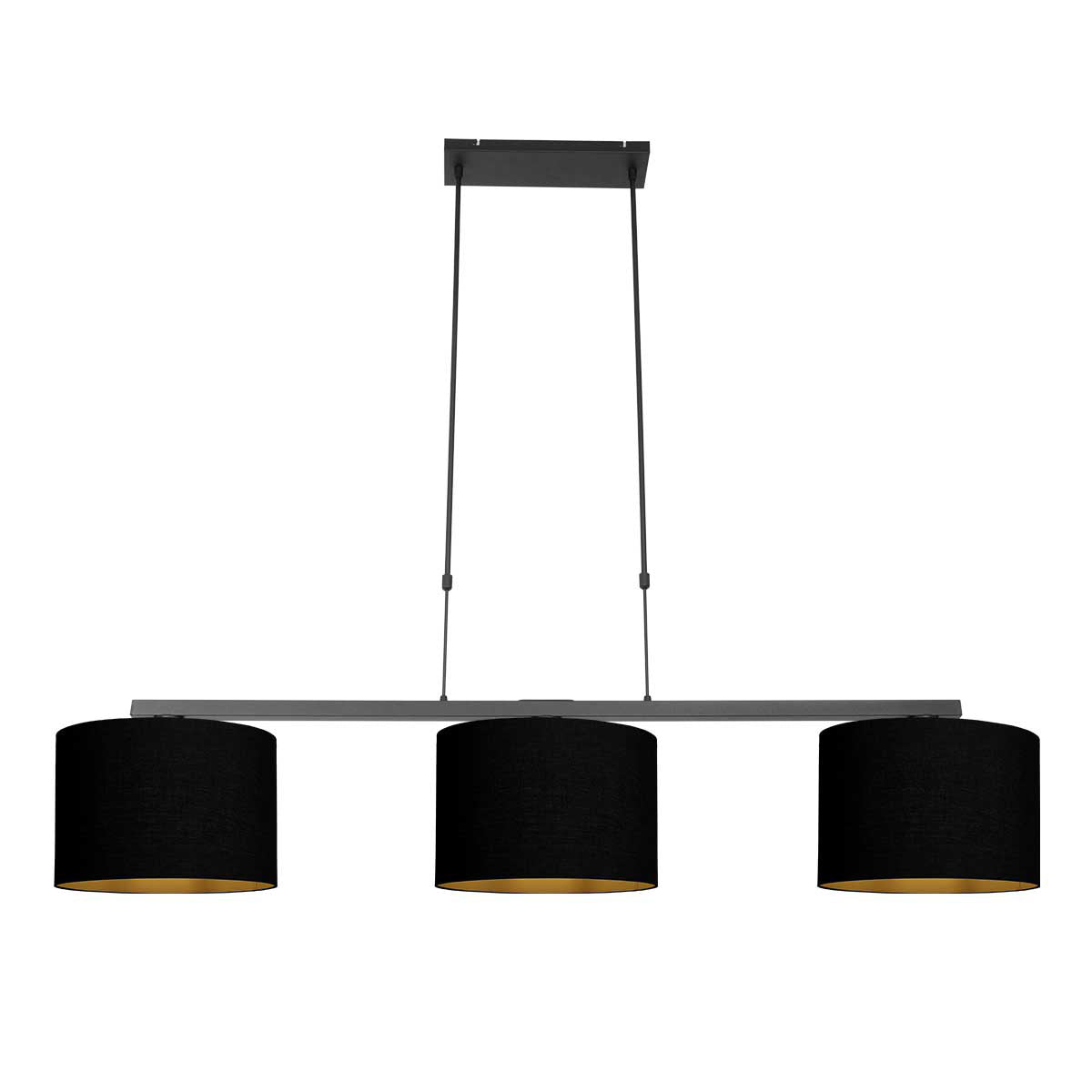 Zwarte 3-lichts hanglamp Stang 3981ZW met zwarte linnenkappen en goudkleurige binnenkant