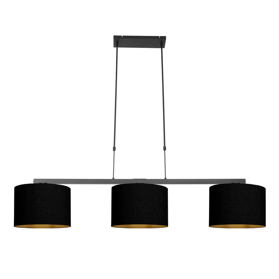 Zwarte 3-lichts hanglamp Stang 3981ZW met zwarte linnenkappen en goudkleurige binnenkant