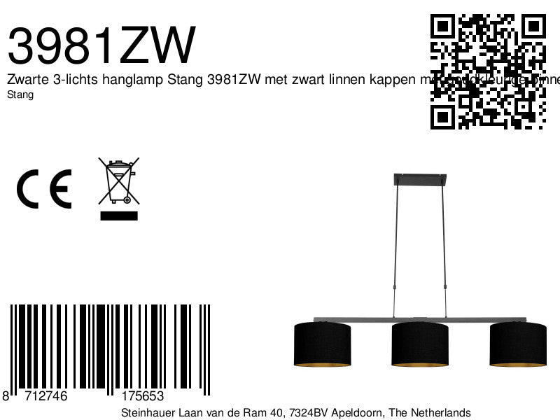 Zwarte 3-lichts hanglamp Stang 3981ZW met zwarte linnenkappen en goudkleurige binnenkant
