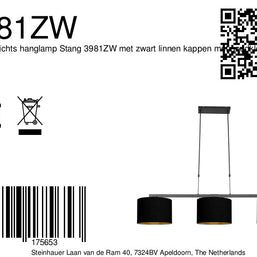 Zwarte 3-lichts hanglamp Stang 3981ZW met zwarte linnenkappen en goudkleurige binnenkant