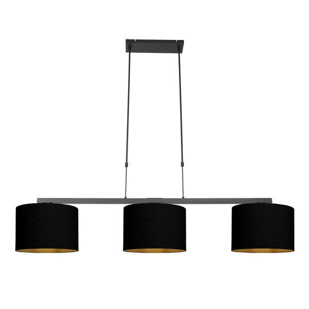Zwarte 3-lichts hanglamp Stang 3981ZW met zwarte linnenkappen en goudkleurige binnenkant
