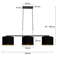 Zwarte 3-lichts hanglamp Stang 3981ZW met zwarte linnenkappen en goudkleurige binnenkant