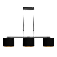 Zwarte 3-lichts hanglamp Stang 3981ZW met zwarte linnenkappen en goudkleurige binnenkant
