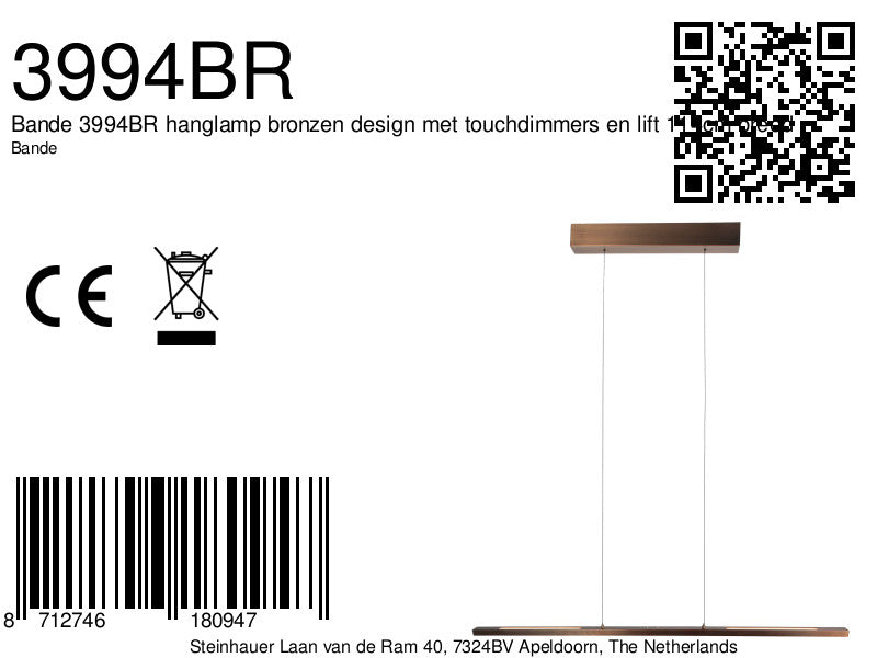 Hanglamp Bande 3994BR, bronzen LED-hanglamp in warme tint, 114 cm breed
