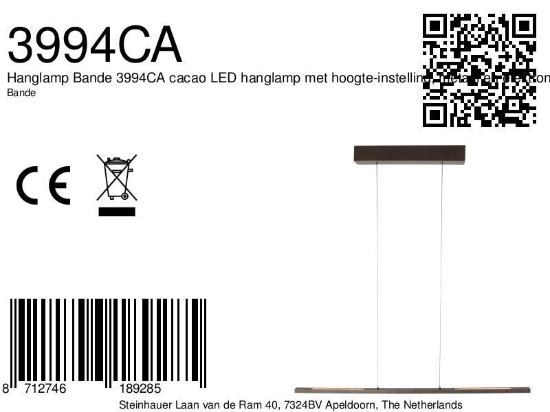 Hanglamp Bande 3994CA cacao, LED, warmbruin, 114 cm
