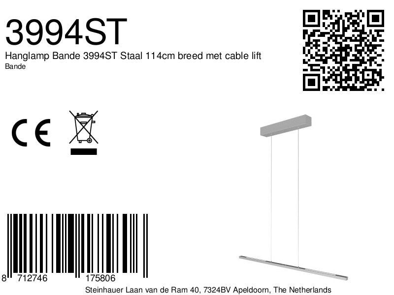 Hanglamp Bande 3994ST, stalen LED-hanglamp met kabellift, 114 cm breed