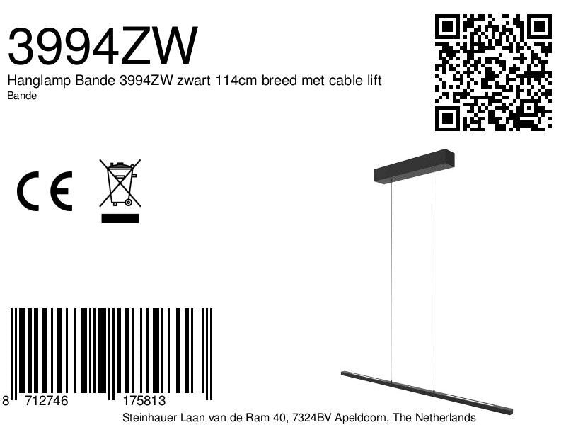 Hanglamp Bande 3994ZW zwarte LED-hanglamp met kabellift 114 cm breed