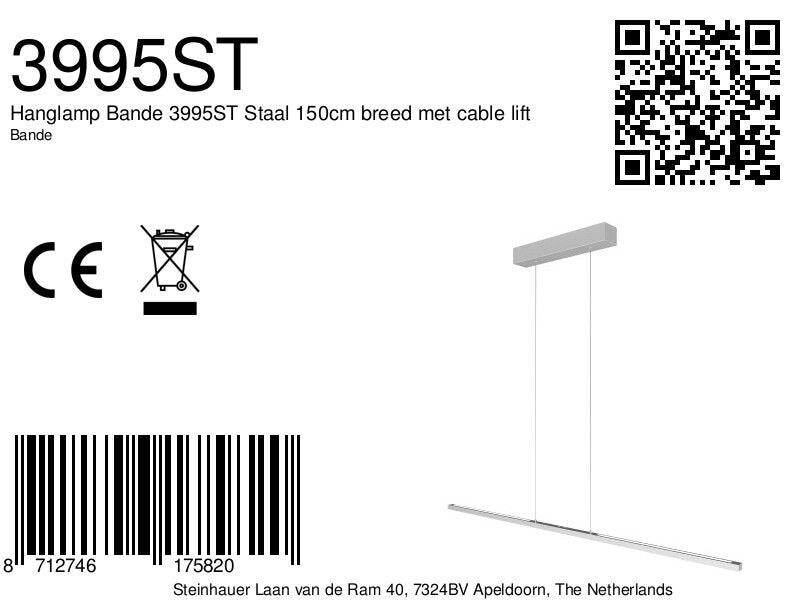 Hanglamp Bande 3995ST staalkleurige hanglamp met kabellift 150 cm breed