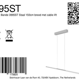 Hanglamp Bande 3995ST staalkleurige hanglamp met kabellift 150 cm breed
